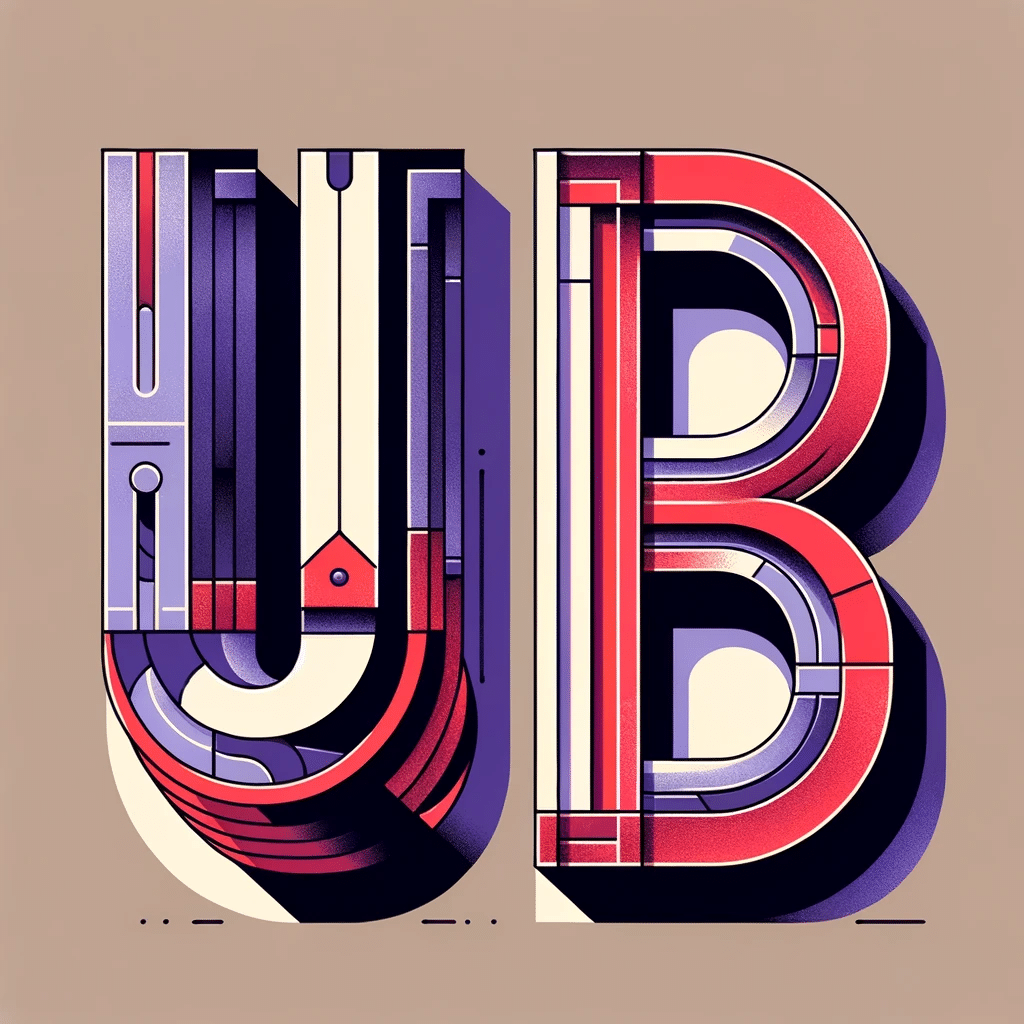 Ilustración de las letras UB modernas de color rojo y violeta