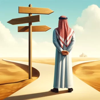 DALL·E 2024-04-04 09.37.29 - An Arabian businessman stands at a crossroads in a desert, facing a decision point where three paths diverge. He is dressed in traditional Arabian att