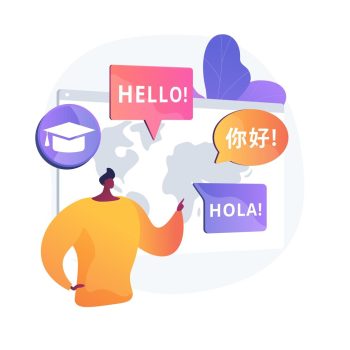 Ilustración de hombre aprendiendo o formándose en diferentes idiomas del mundo